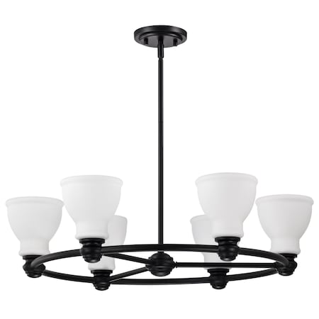 Nuvo Russel - 6 Light Chandelier - Matte Black with Satin White Glass 60/8027